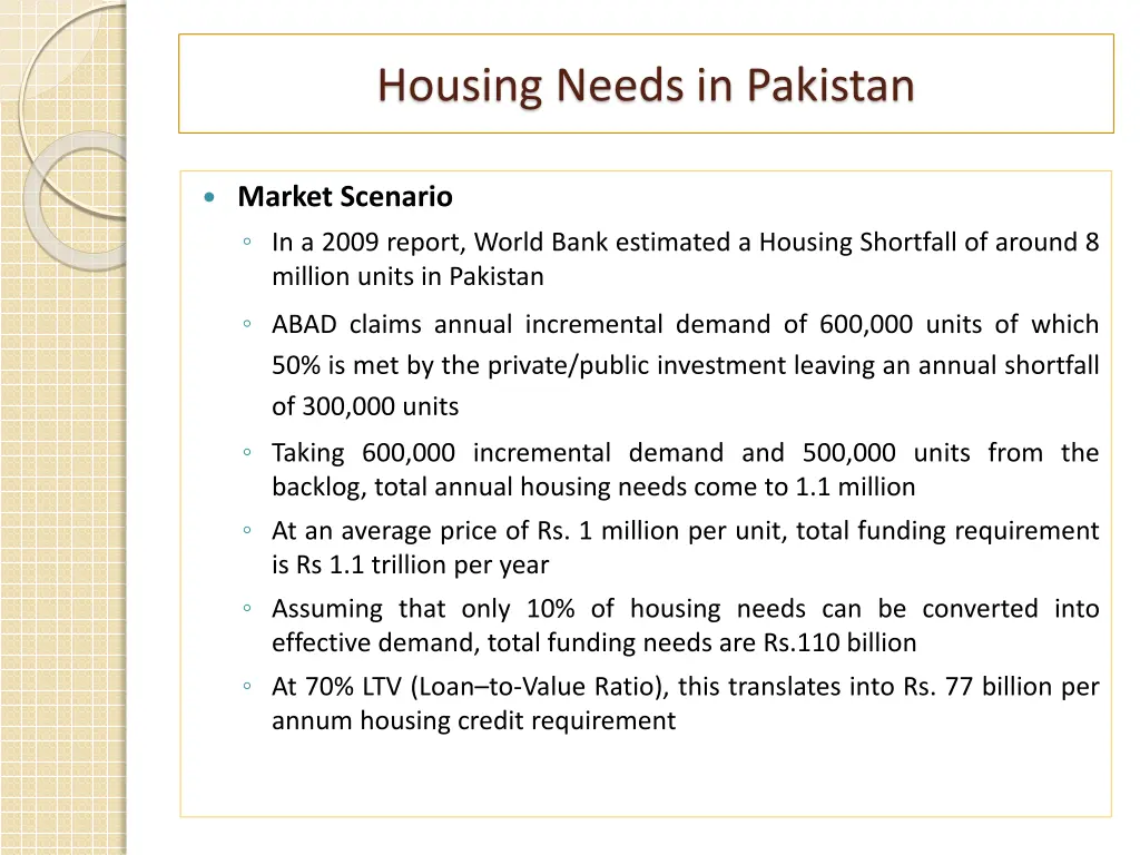 housing needs in pakistan