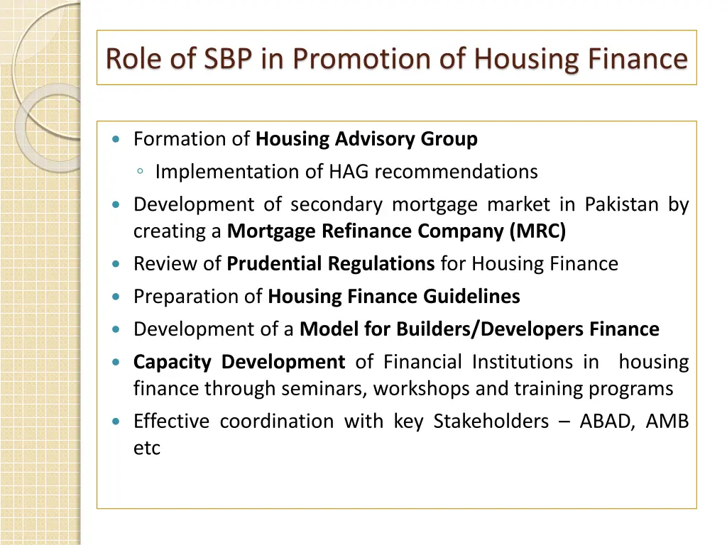 role of sbp in promotion of housing finance 1