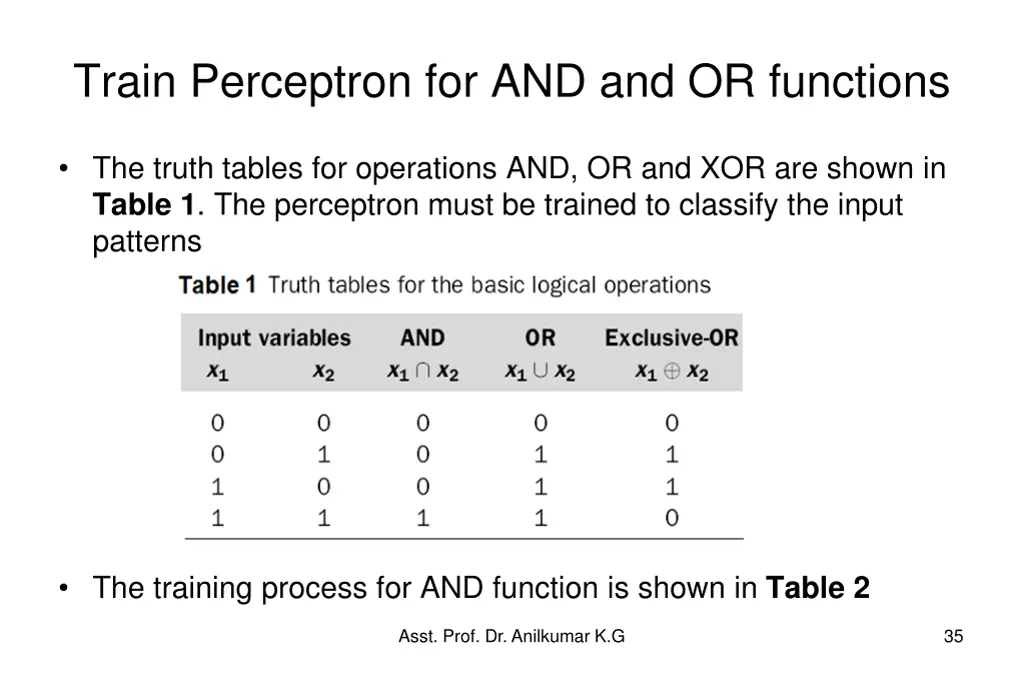 train perceptron for and and or functions