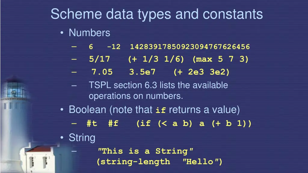 scheme data types and constants numbers