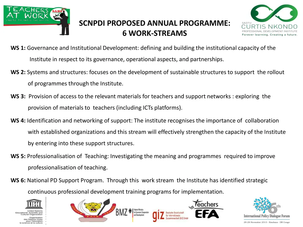 scnpdi proposed annual programme 6 work streams