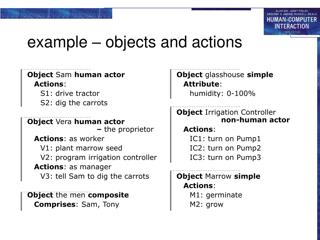 example objects and actions