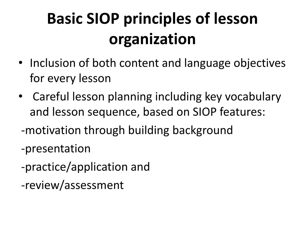 basic siop principles of lesson organization