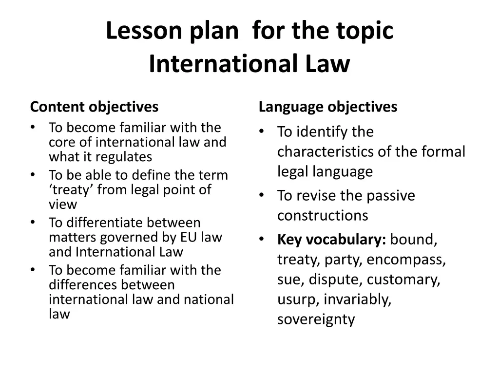 lesson plan for the topic international law