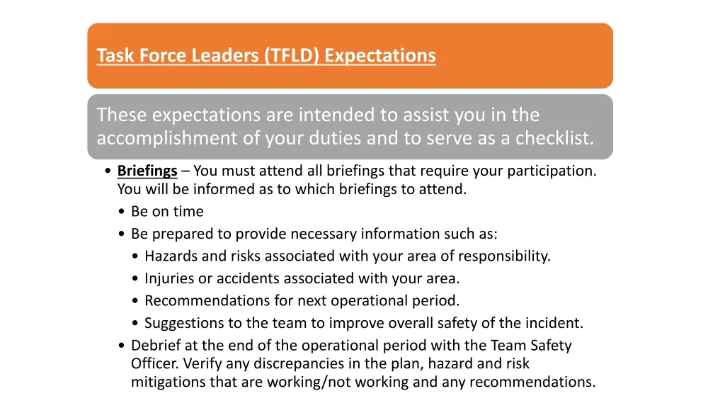 task force leaders tfld expectations