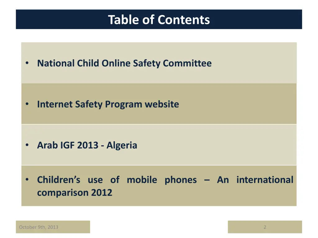 table of contents