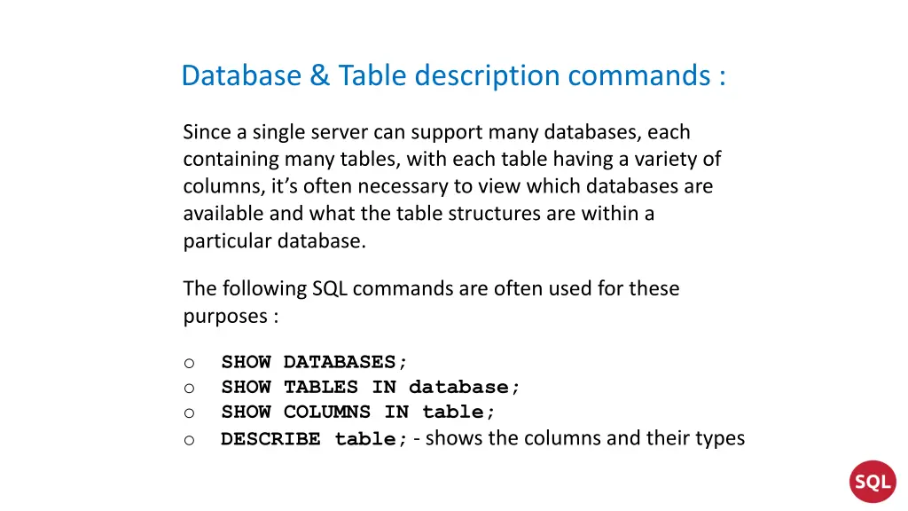 database table description commands