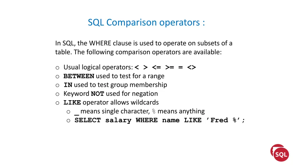 sql comparison operators