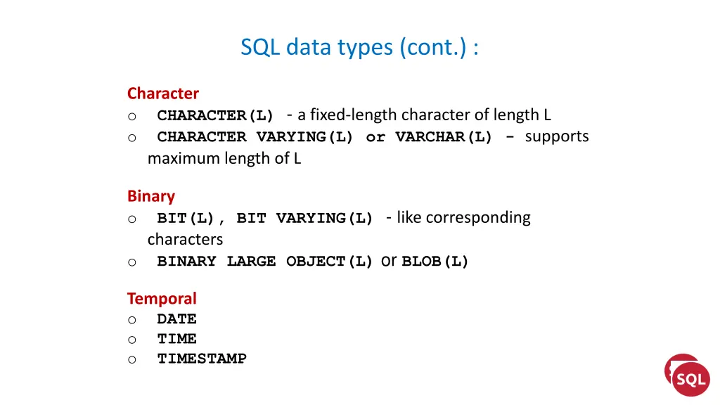 sql data types cont
