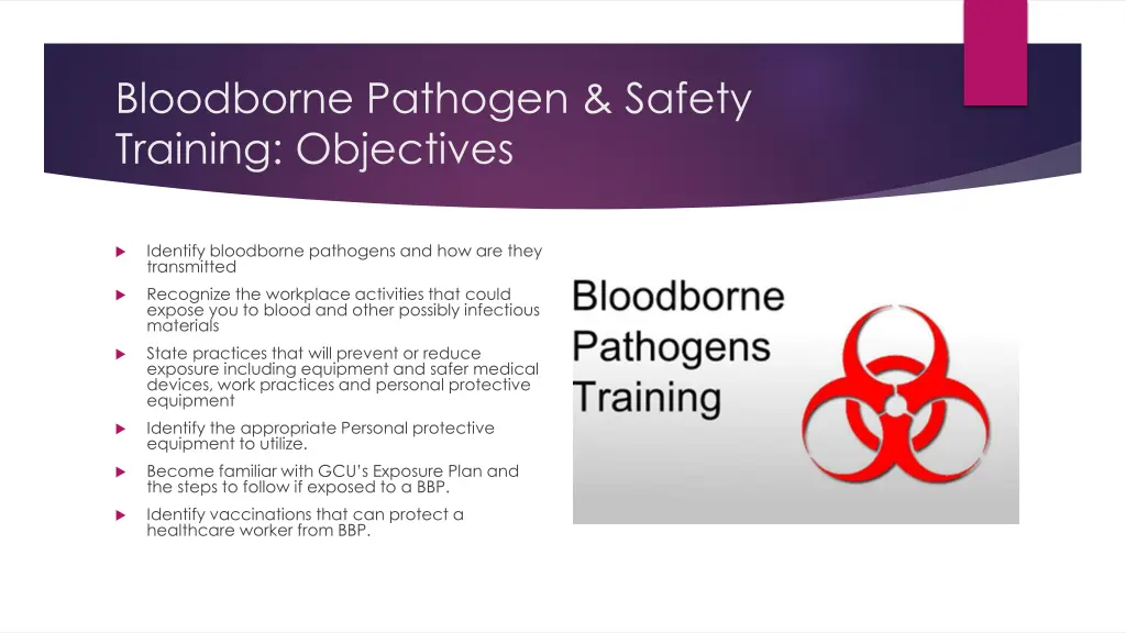 bloodborne pathogen safety training objectives