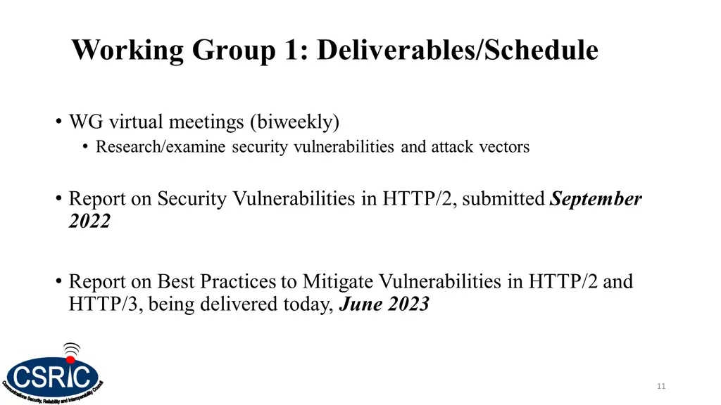 working group 1 deliverables schedule