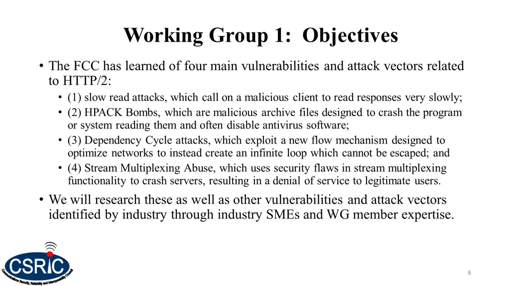 working group 1 objectives