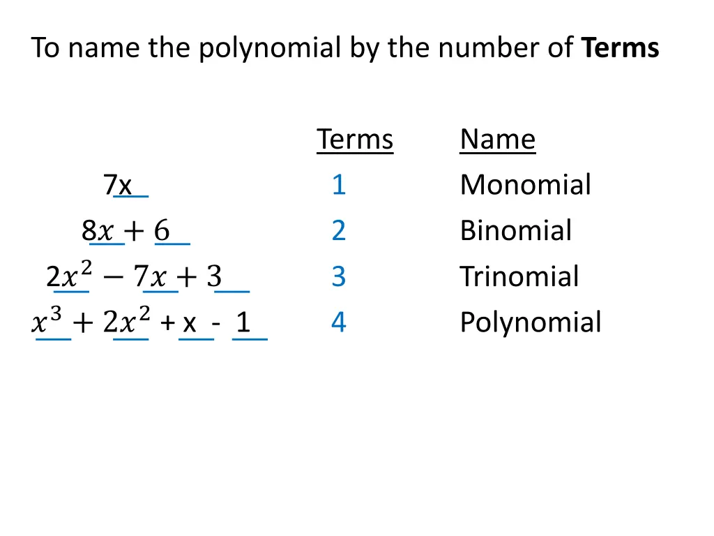 to name the polynomial by the number of terms