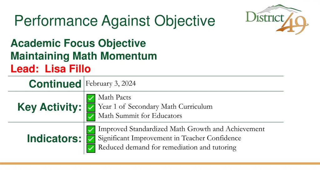 performance against objective