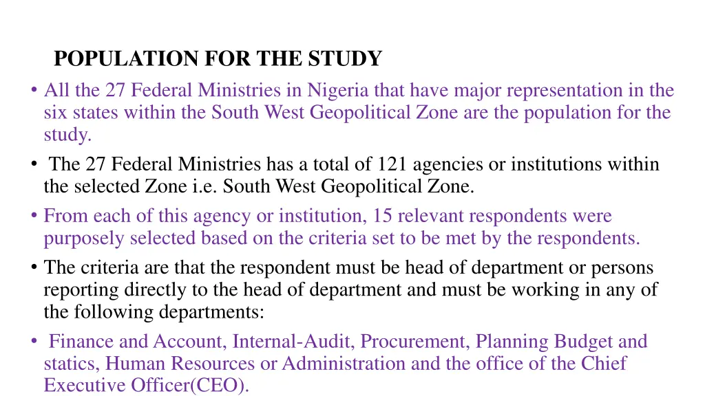 population for the study all the 27 federal
