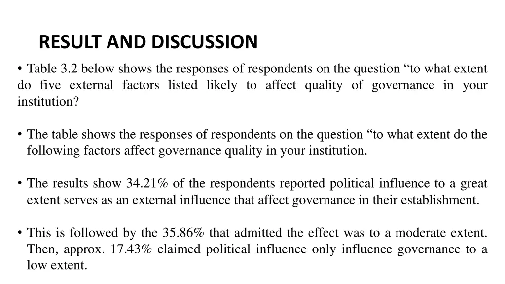 result and discussion table 3 2 below shows