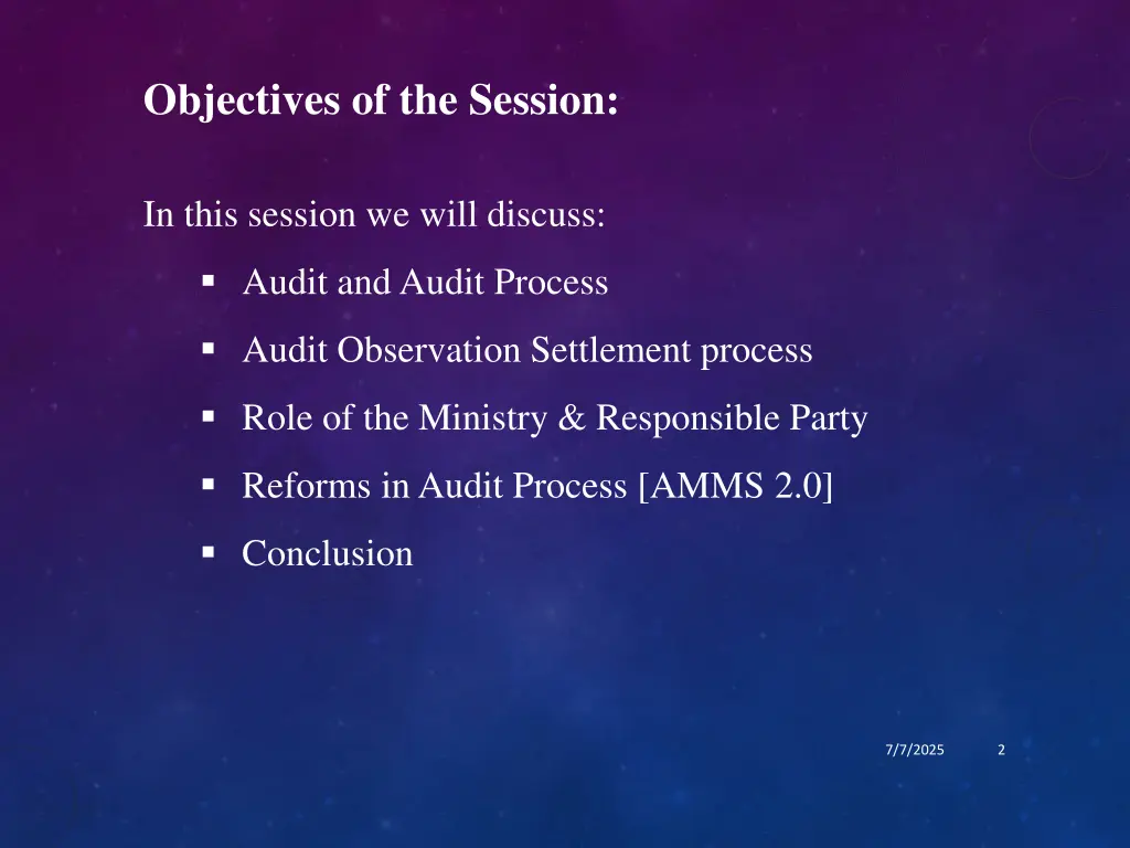 objectives of the session