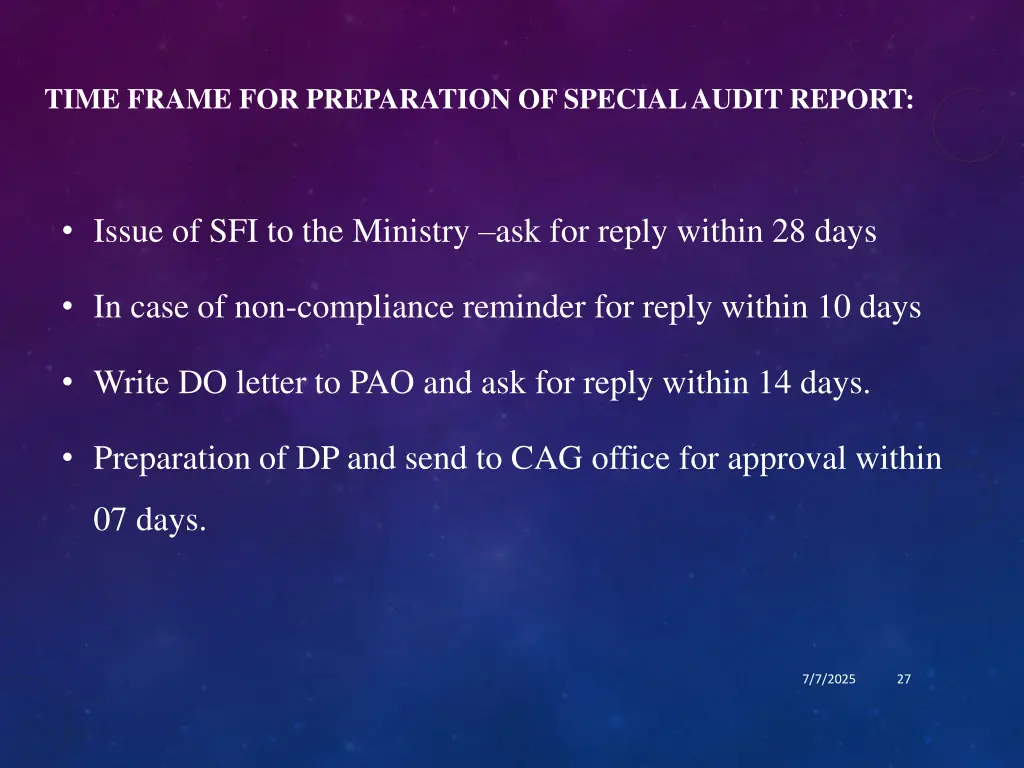 time frame for preparation of special audit report