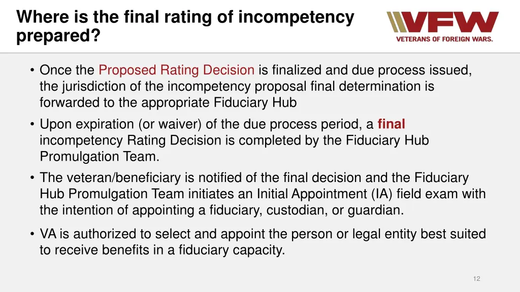 where is the final rating of incompetency prepared
