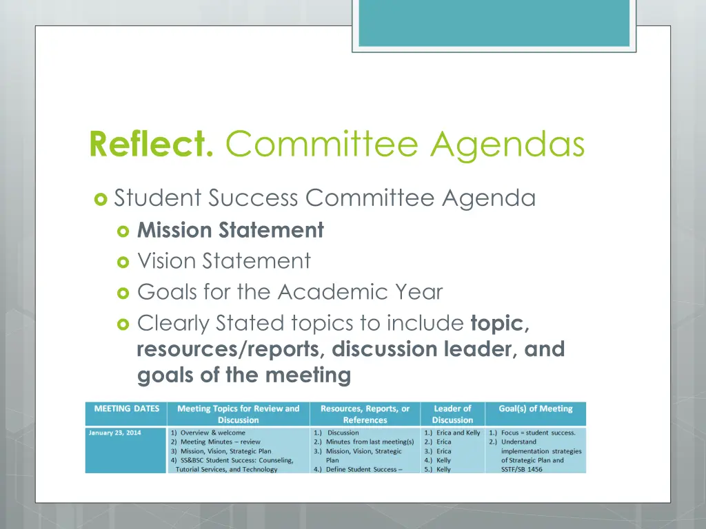 reflect committee agendas