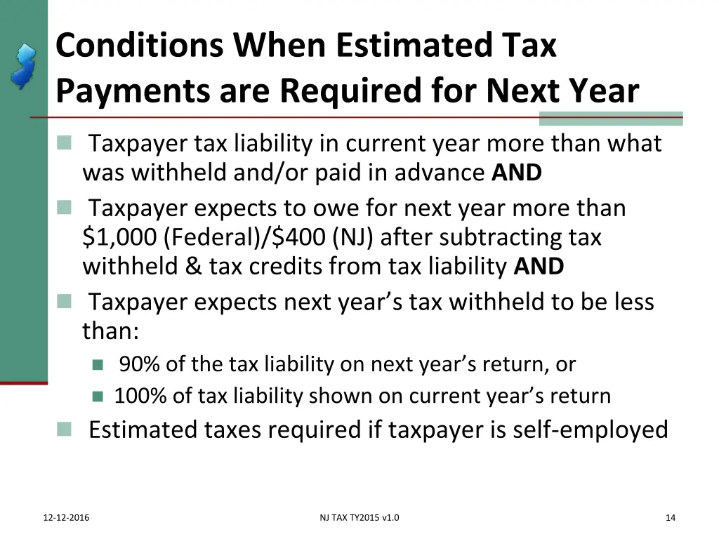 conditions when estimated tax payments