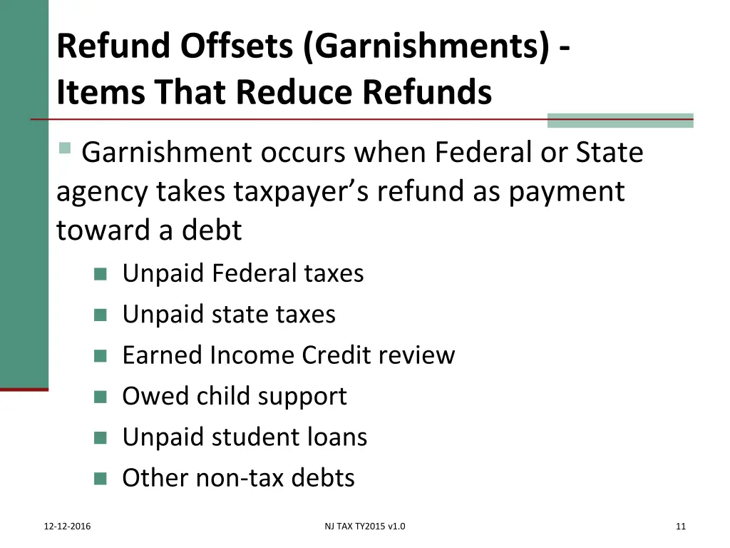 refund offsets garnishments items that reduce