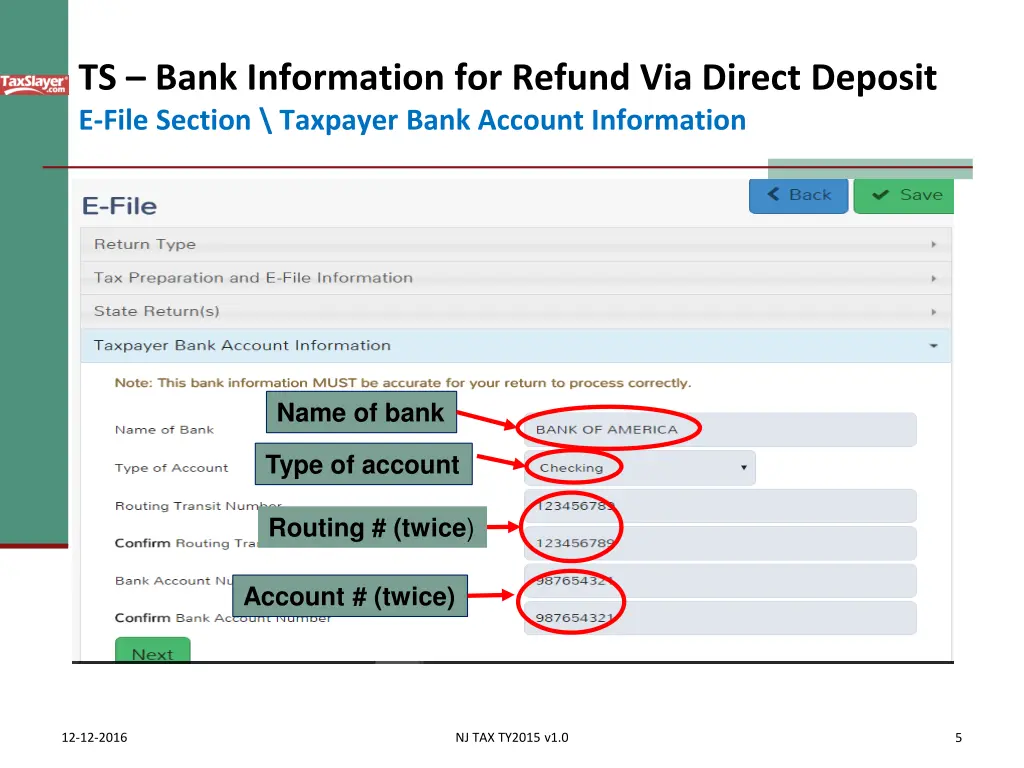ts bank information for refund via direct deposit