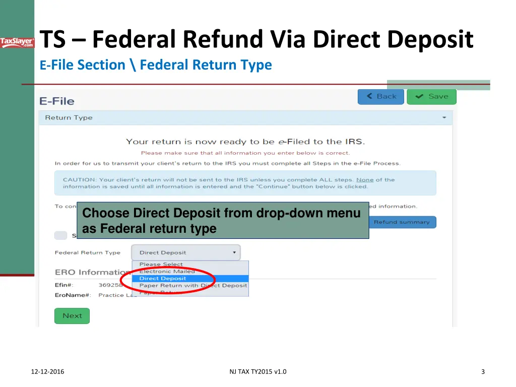 ts federal refund via direct deposit e file