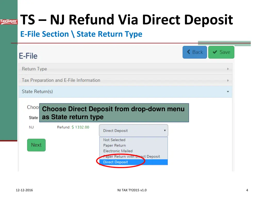 ts nj refund via direct deposit e file section