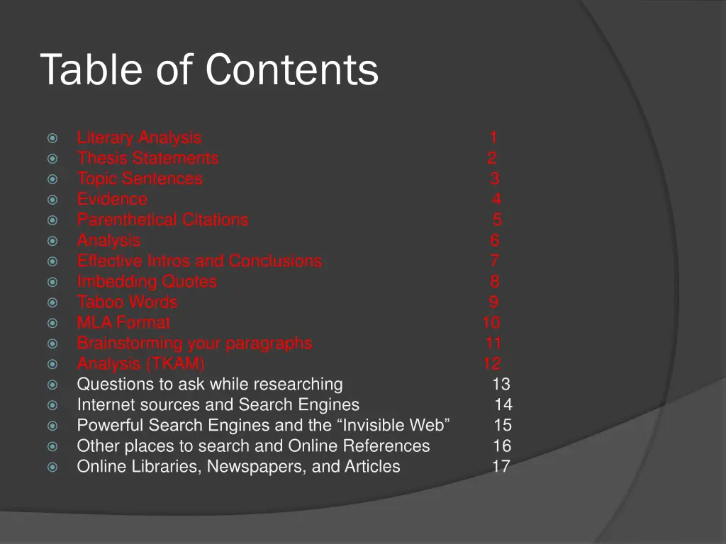 table of contents
