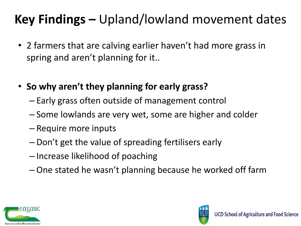 key findings upland lowland movement dates