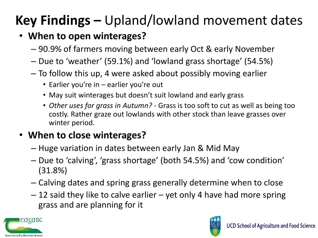 key findings upland lowland movement dates when