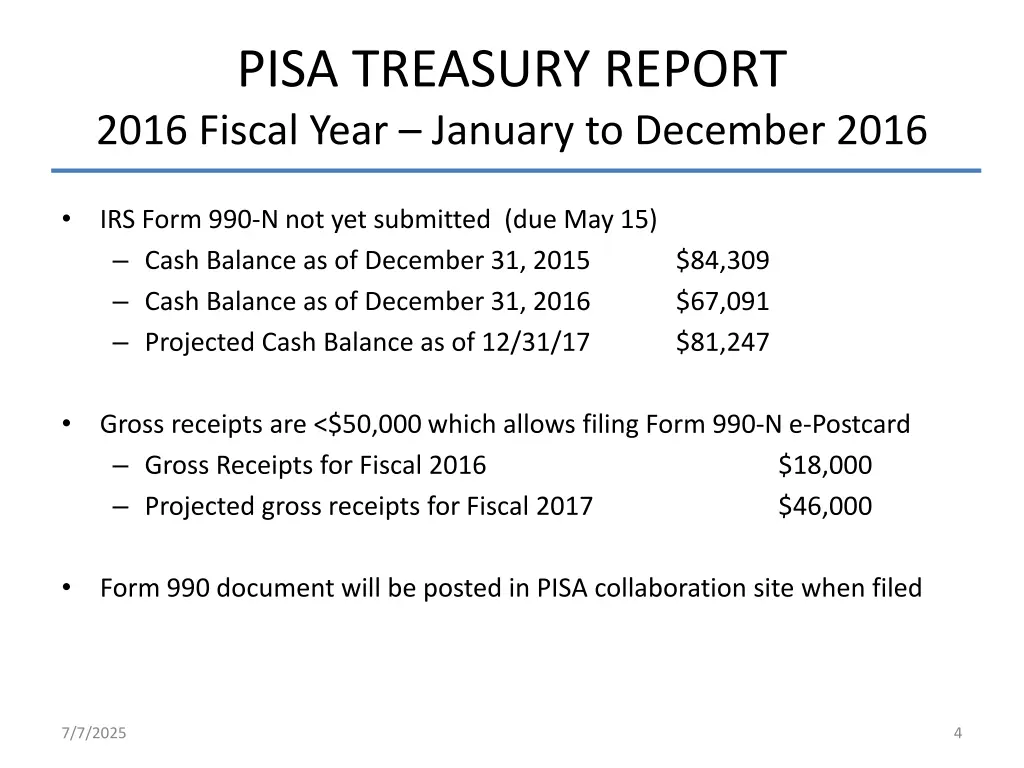 pisa treasury report 2016 fiscal year january