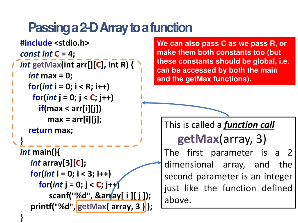 passing a 2 d array to a function include stdio