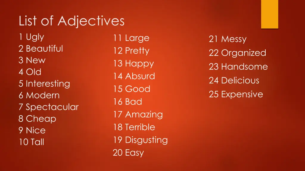 list of adjectives 1 ugly 2 beautiful
