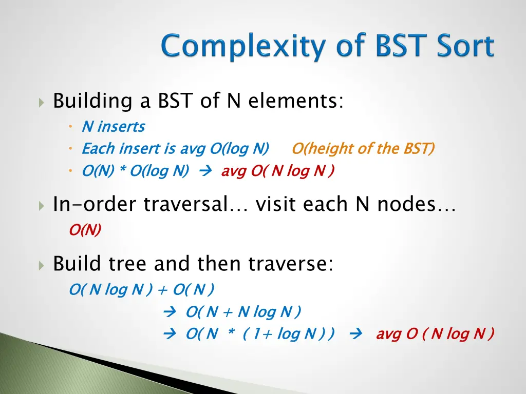 building a bst of n elements n inserts each