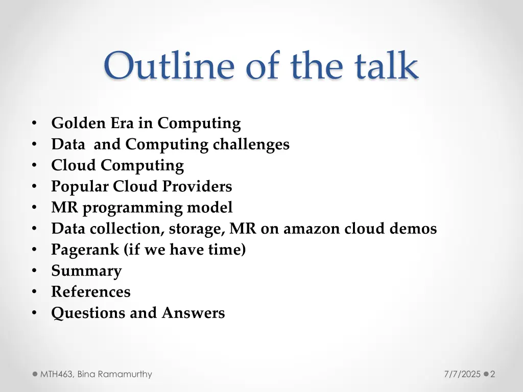 outline of the talk