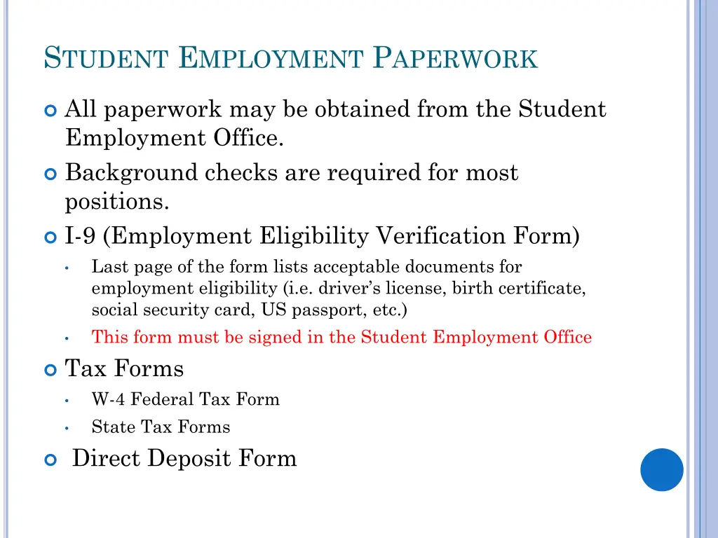 s tudent e mployment p aperwork