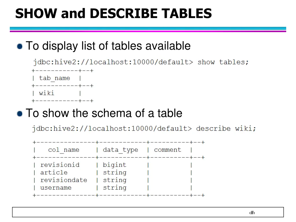 show and describe tables