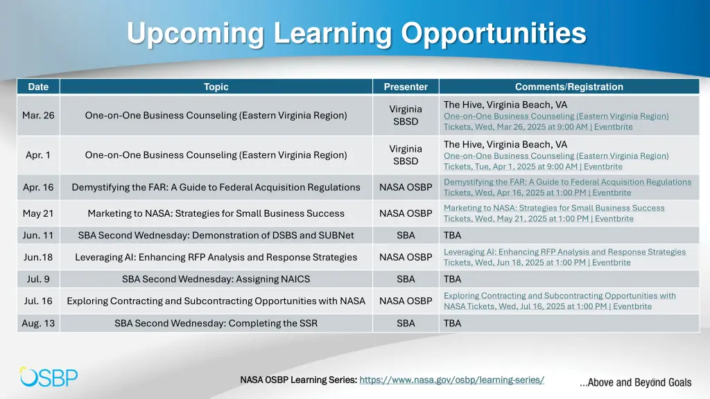 upcoming learning opportunities