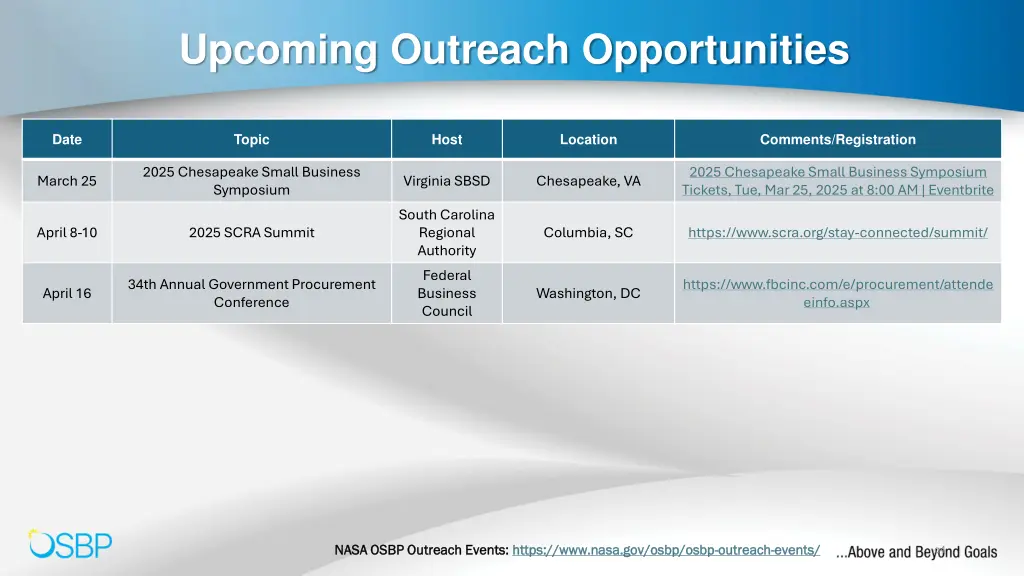 upcoming outreach opportunities