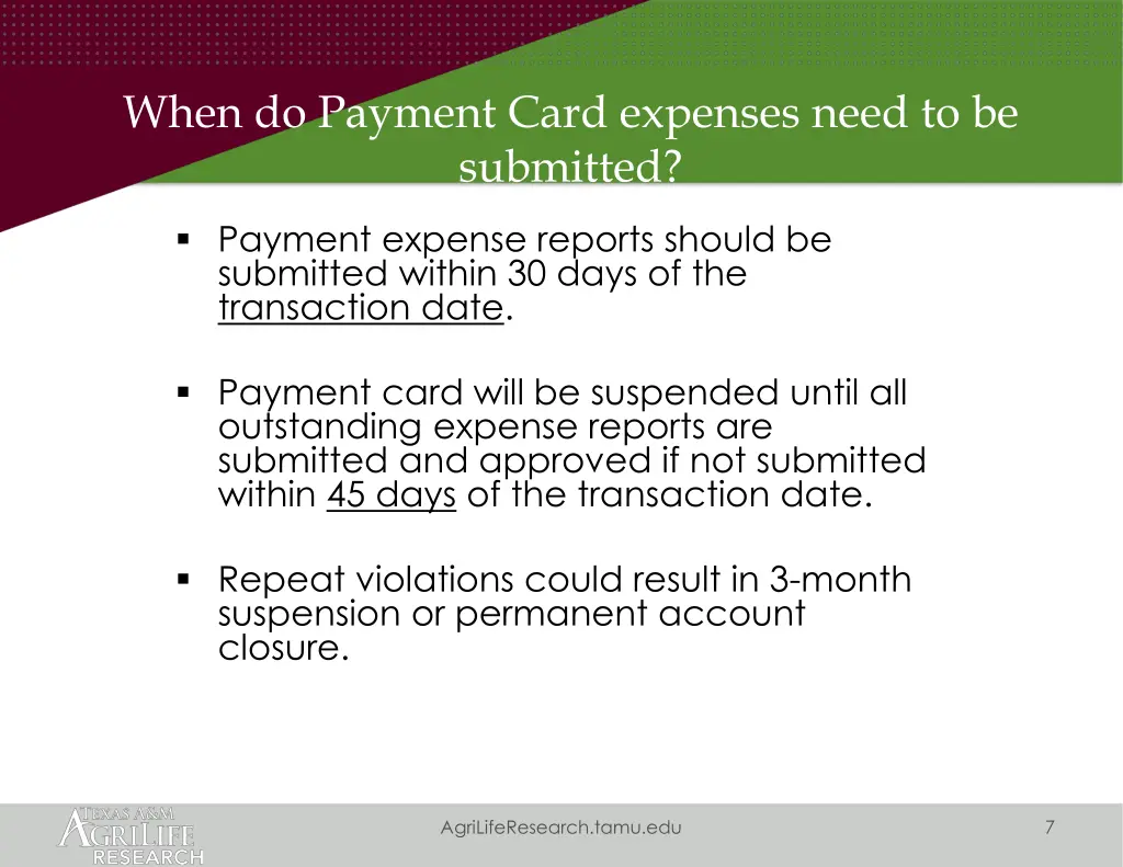 when do payment card expenses need to be submitted