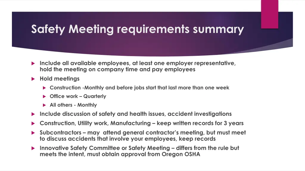 safety meeting requirements summary