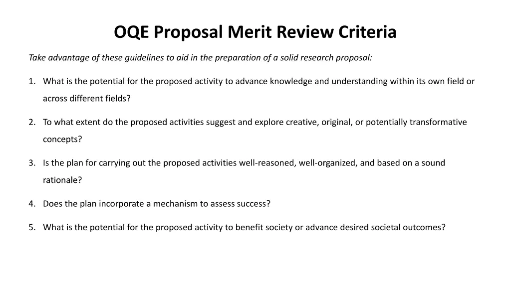 oqe proposal merit review criteria