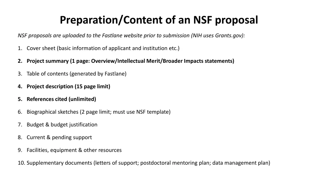 preparation content of an nsf proposal