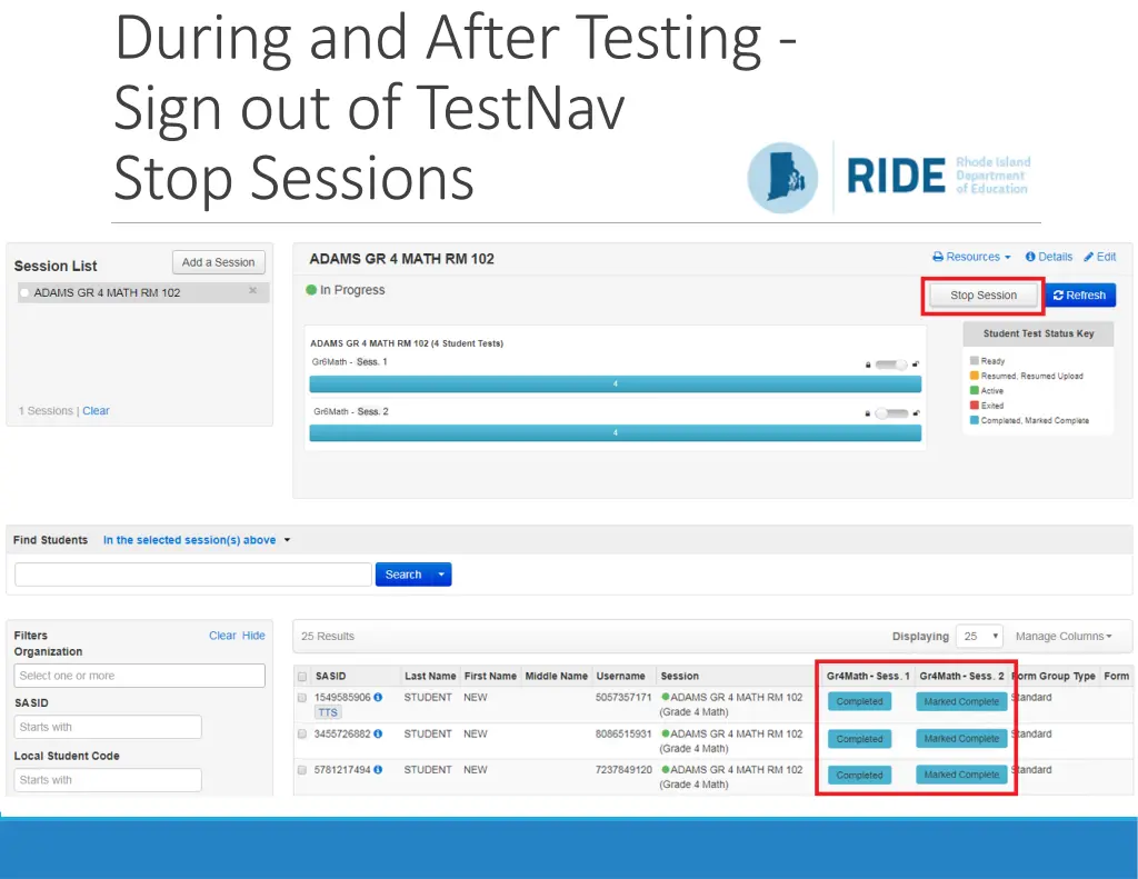 during and after testing sign out of testnav stop