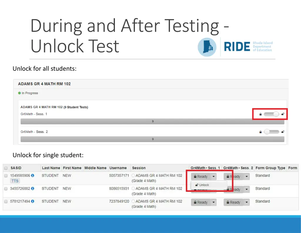 during and after testing unlock test