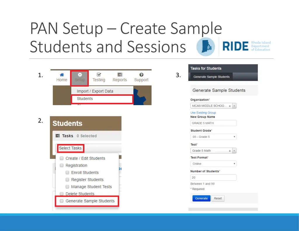 pan setup create sample students and sessions