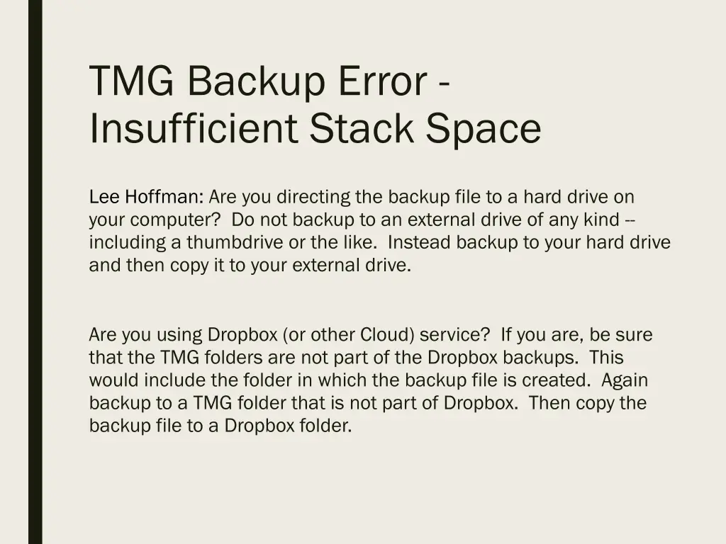 tmg backup error insufficient stack space 1