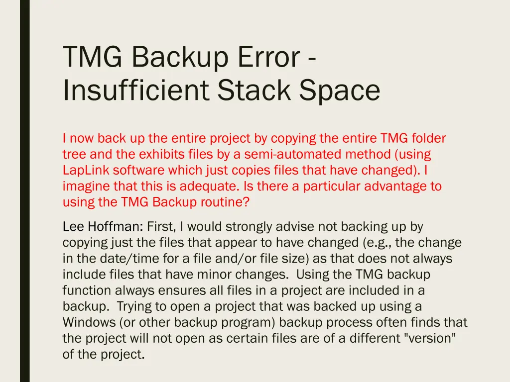tmg backup error insufficient stack space